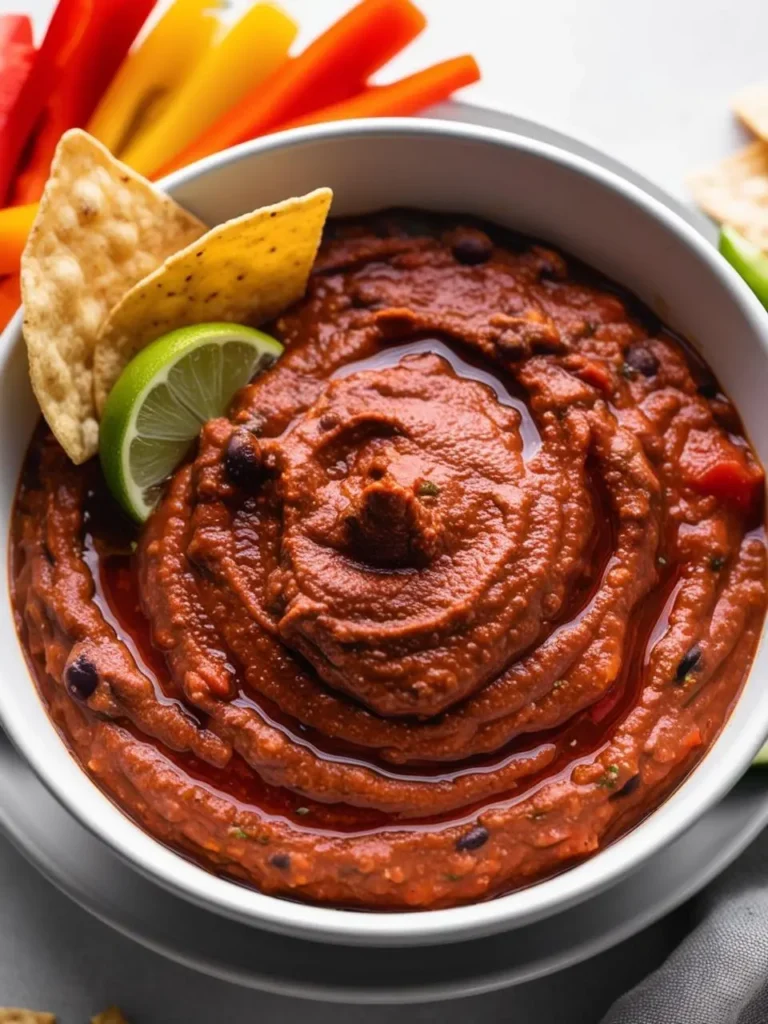 a white bowl filled with bean dip, swirled and garnished with a lime wedge and tortilla chips, sits on a light surface. red and yellow pepper strips are arranged around the bowl. the dip has a rich, red color, and the vegetables add a vibrant contrast. the image is shot from above