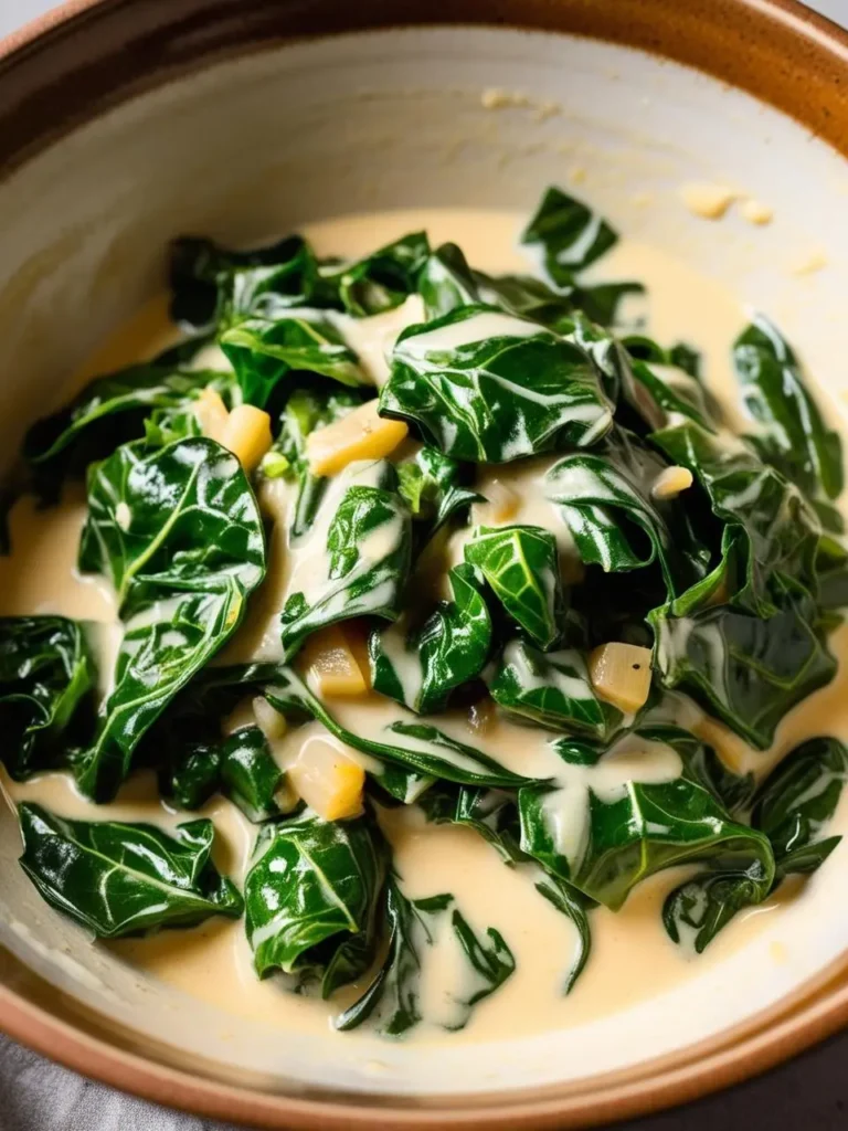 a close-up shot of a bowl filled with braised collard greens in a creamy sauce. the greens are dark and glossy, and the sauce has a light, creamy texture. the bowl has a rustic, earthy tone, and the dish appears to be a rich and flavorful side