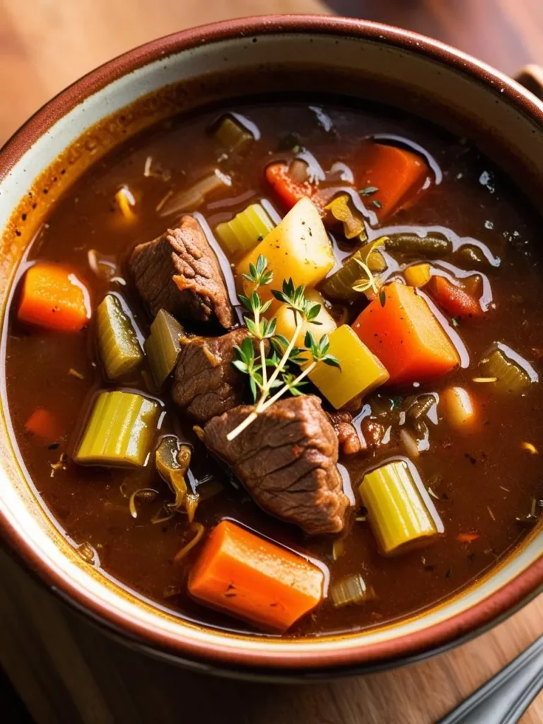 A bowl of hearty beef stew. Tender chunks of beef simmer in a rich, dark broth with carrots, potatoes, celery, and onions. The image evokes the aroma of savory spices and the promise of a warm and comforting meal.