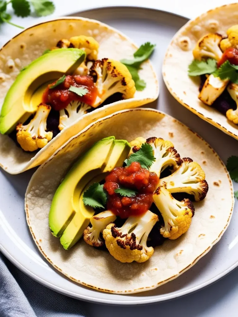 Two delicious vegetarian tacos on a plate. Each taco is filled with roasted cauliflower, topped with salsa, a slice of avocado, and fresh cilantro. The image evokes the flavors of a healthy and flavorful Mexican dish.