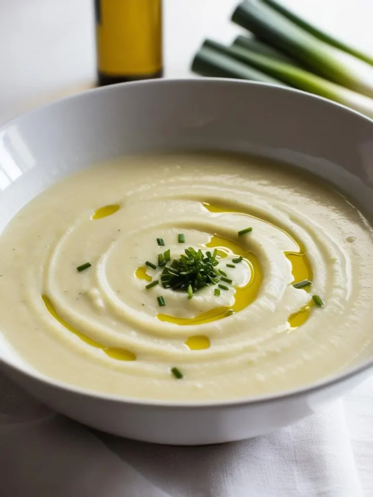 A bowl of creamy potato soup. The soup is smooth and velvety, topped with a swirl of olive oil and a sprinkle of fresh chives. The image evokes the aroma of comforting spices and the promise of a warm and satisfying meal.