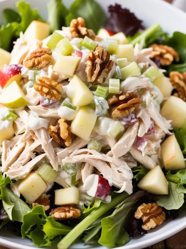 A plate of classic chicken salad. It's a mix of shredded chicken, chopped apples, celery, and chopped pecans, all tossed in a creamy dressing. The salad is served on a bed of fresh lettuce. The image evokes the freshness of the ingredients and the promise of a light and satisfying meal.