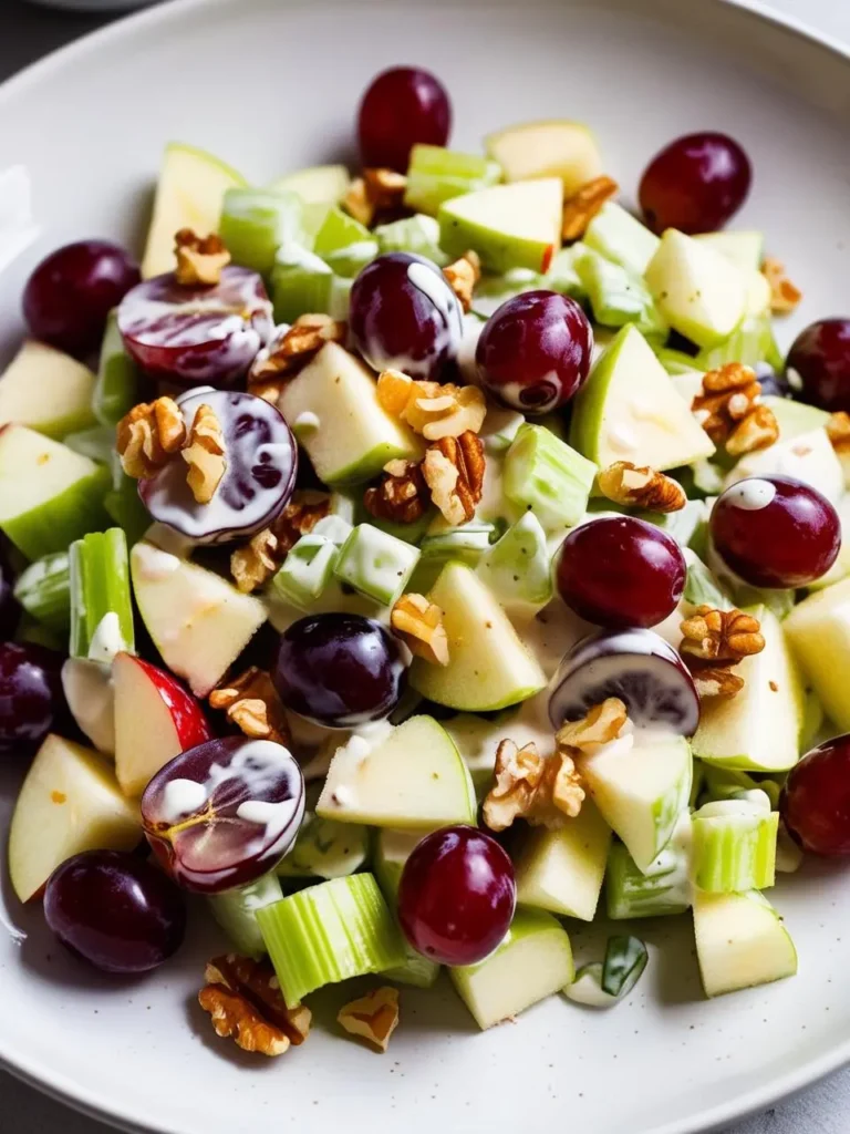 a close-up of a waldorf salad on a light-colored plate. the salad includes chopped apples, celery, grapes, and walnuts. a creamy dressing is visible. the plate is round and has a speckled texture. the salad appears fresh and colorful. the grapes are a deep red color