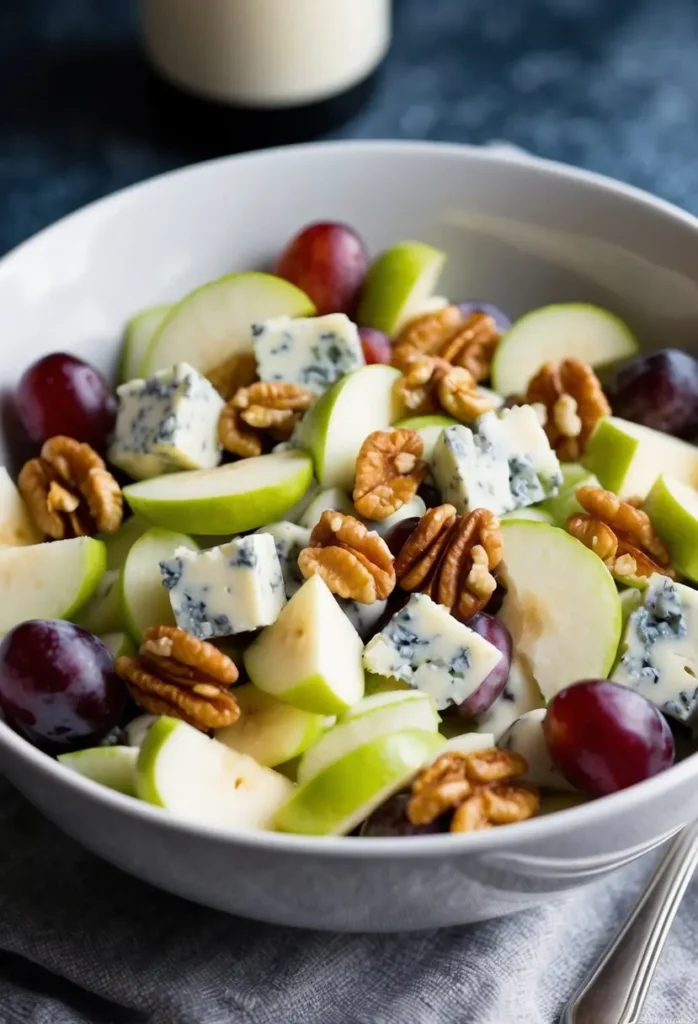 A bowl of waldorf salad with chunks of blue cheese, sliced apples, grapes, and walnuts, all mixed together in a creamy dressing