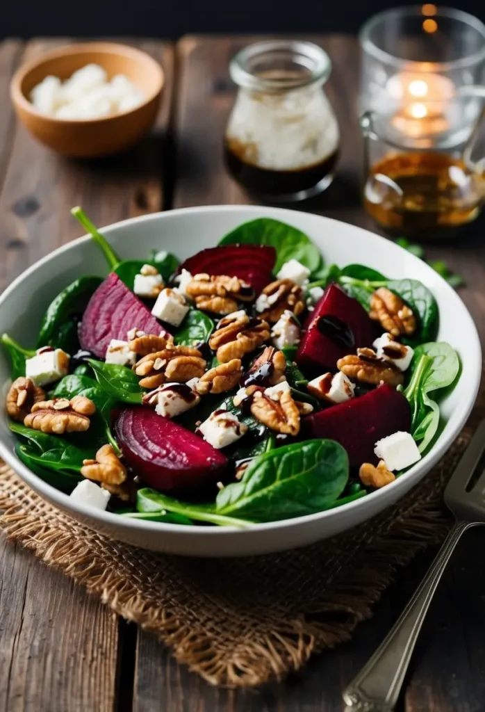 A vibrant beet salad with spinach, walnuts, and feta, drizzled with balsamic vinaigrette, served on a rustic wooden table