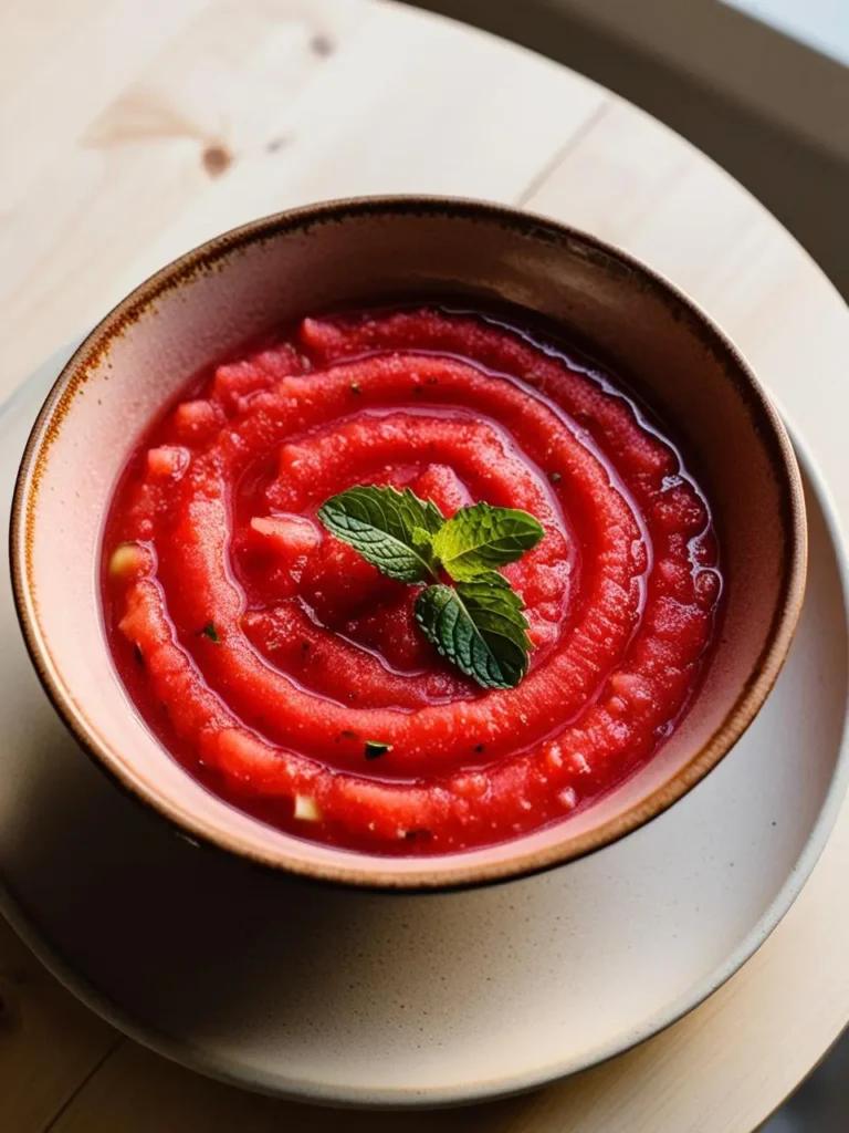 A bowl of chilled watermelon gazpacho, a vibrant summer soup. The soup is a bright pink color, garnished with fresh mint leaves. The image evokes the freshness of the ingredients and the promise of a light and refreshing meal.