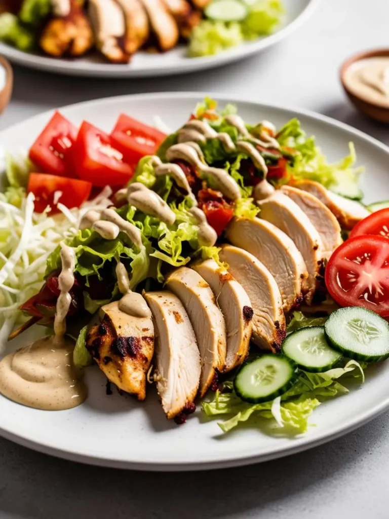 a white plate holds a chicken salad with sliced chicken breast, lettuce, tomato, cucumber, and a creamy dressing. the chicken is sliced and arranged alongside the vegetables, and the dressing is drizzled over the salad. another plate with salad is partially visible in the background. the image is well-lit