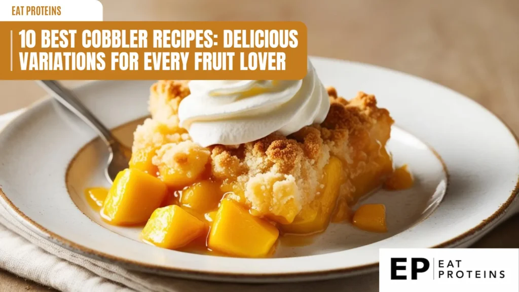 a slice of peach cobbler on a white plate. the cobbler has a golden brown crust and is filled with chunks of yellow peaches. a dollop of whipped cream is on top. a banner reads "10 best cobbler recipes: delicious variations for every fruit lover." the "eat proteins" logo is in the top left and bottom right corners. a spoon is visible