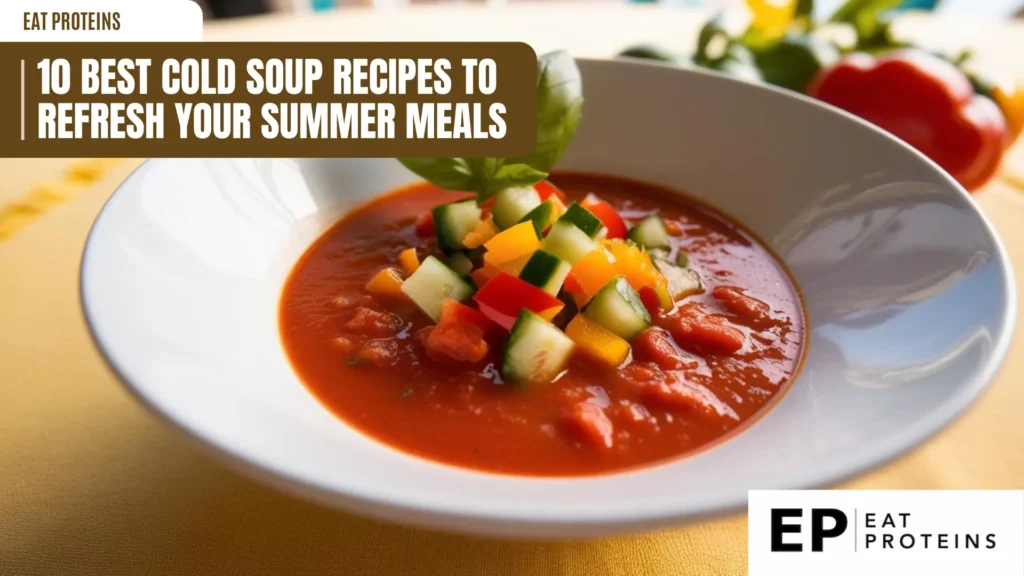 a white bowl filled with bright red gazpacho soup, topped with diced vegetables and a basil leaf. a brown banner with white text reads "10 best cold soup recipes to refresh your summer meals". a logo in the corner says "ep eat proteins". the image is shot from above, showcasing the colorful dish