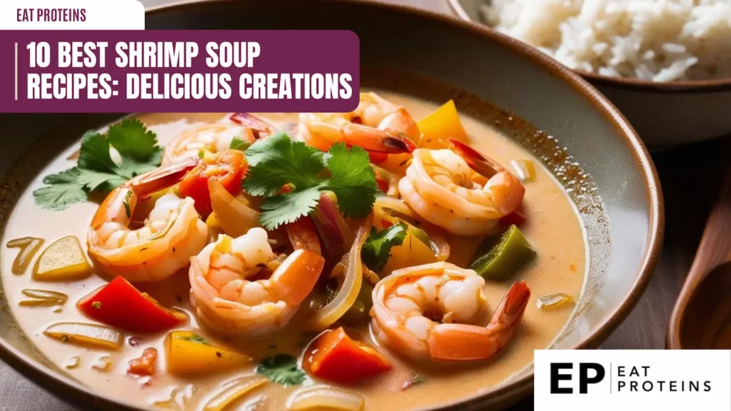 a bowl of shrimp soup with vegetables and rice on a wooden table. the soup includes cooked shrimp, bell peppers, and onions in a creamy broth. a bowl of rice is blurred in the background. a wooden spoon is visible. a banner at the top reads "10 best shrimp soup recipes: delicious creations." the "eat proteins" logo is in the top left and bottom right corners