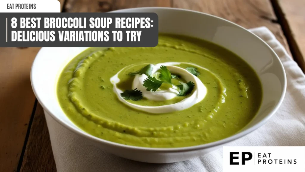 a bowl of bright green broccoli soup on a wooden table. the soup has a swirl of cream and a sprig of cilantro on top. a banner at the top reads "8 best broccoli soup recipes: delicious variations to try." the "eat proteins" logo is in the top left and bottom right corners. a light cloth napkin is visible