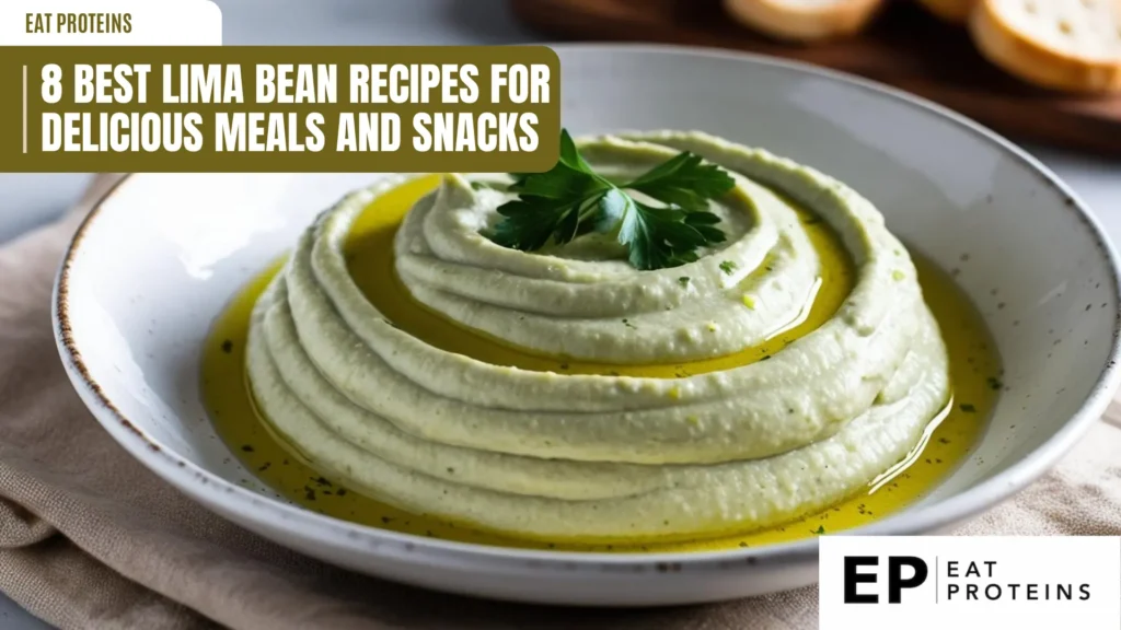 a bowl of lima bean hummus, swirled and drizzled with olive oil, garnished with parsley. a brown banner reads "8 best lima bean recipes for delicious meals and snacks". a logo says "ep eat proteins". the hummus is light green and creamy, shot from above, with sliced bread in the background