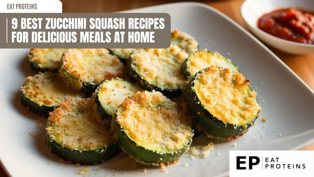 a white plate holds parmesan zucchini chips, golden and crispy, arranged in a pile. a bowl of red sauce sits in the background. a brown banner with white text reads "9 best zucchini squash recipes for delicious meals at home". a logo in the corner says "ep eat proteins". the image is shot from above