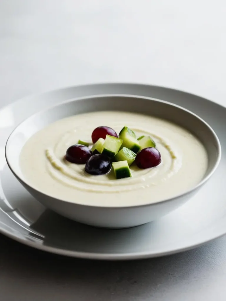 a white bowl filled with creamy, light-colored ajoblanco soup, topped with diced cucumber and red grapes. the bowl sits on a white plate, with a light background. the soup is smooth and creamy, and the image is shot from a close angle, showcasing the simple and elegant presentation