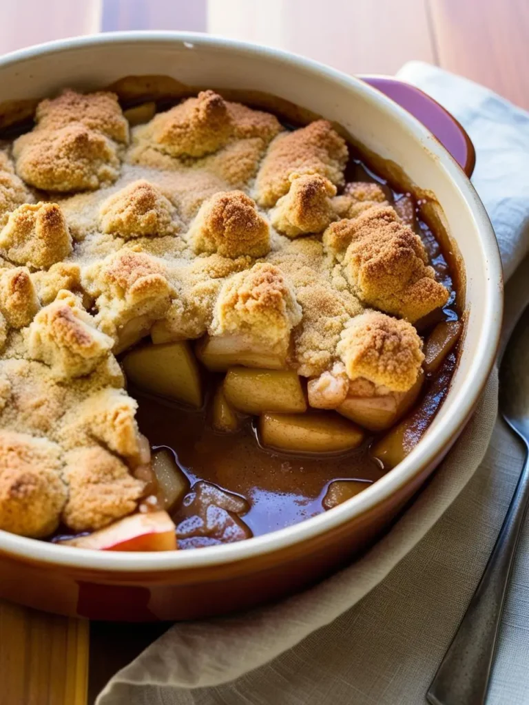 an apple cobbler in a round baking dish on a wooden table. the cobbler has a golden brown, crumbly topping and visible slices of cooked apples in a syrupy sauce. a portion has been scooped out. a light cloth napkin and a fork are visible. the dish has a brown exterior and pink rim