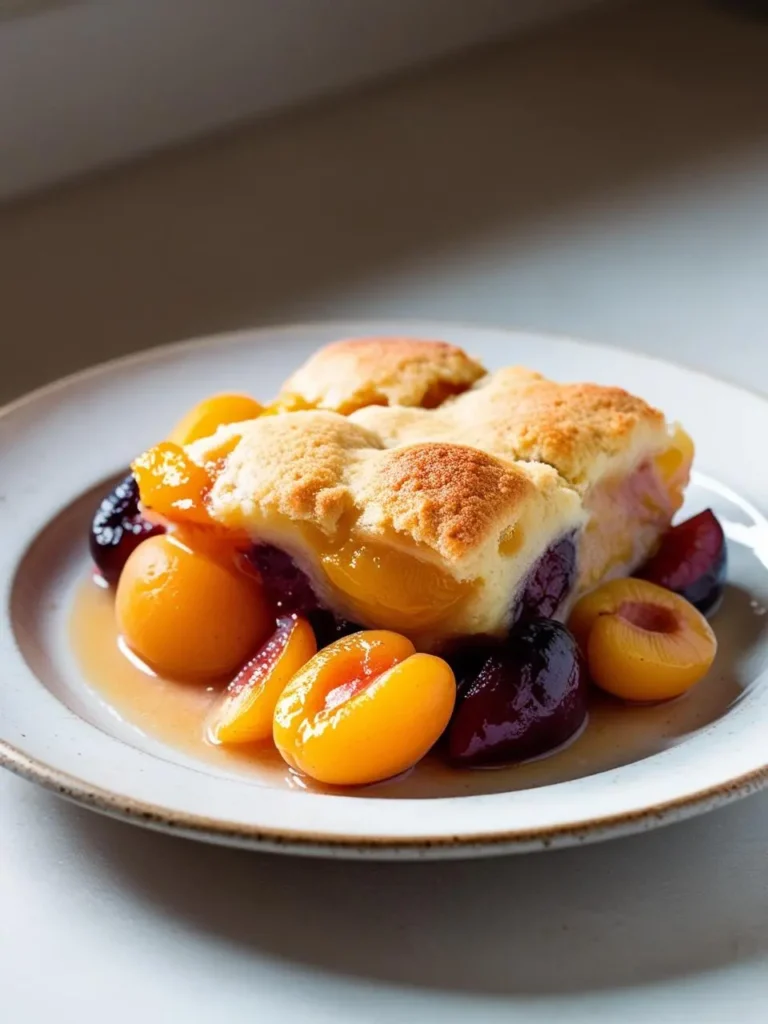 a slice of peach and plum cobbler on a light plate. the cobbler has a golden brown, biscuit-like topping and visible slices of cooked peaches and plums. a syrupy sauce is visible. the plate is light-colored with a gray rim. the cobbler appears warm and fruity. the background is blurred, with a window visible