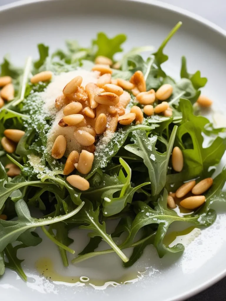 a simple arugula salad on a white plate. the salad includes fresh arugula leaves, pine nuts, and parmesan cheese. a light dressing is drizzled over the salad. the arugula is green and leafy. the pine nuts are golden brown and scattered. the cheese is grated and sprinkled. the plate is round and white