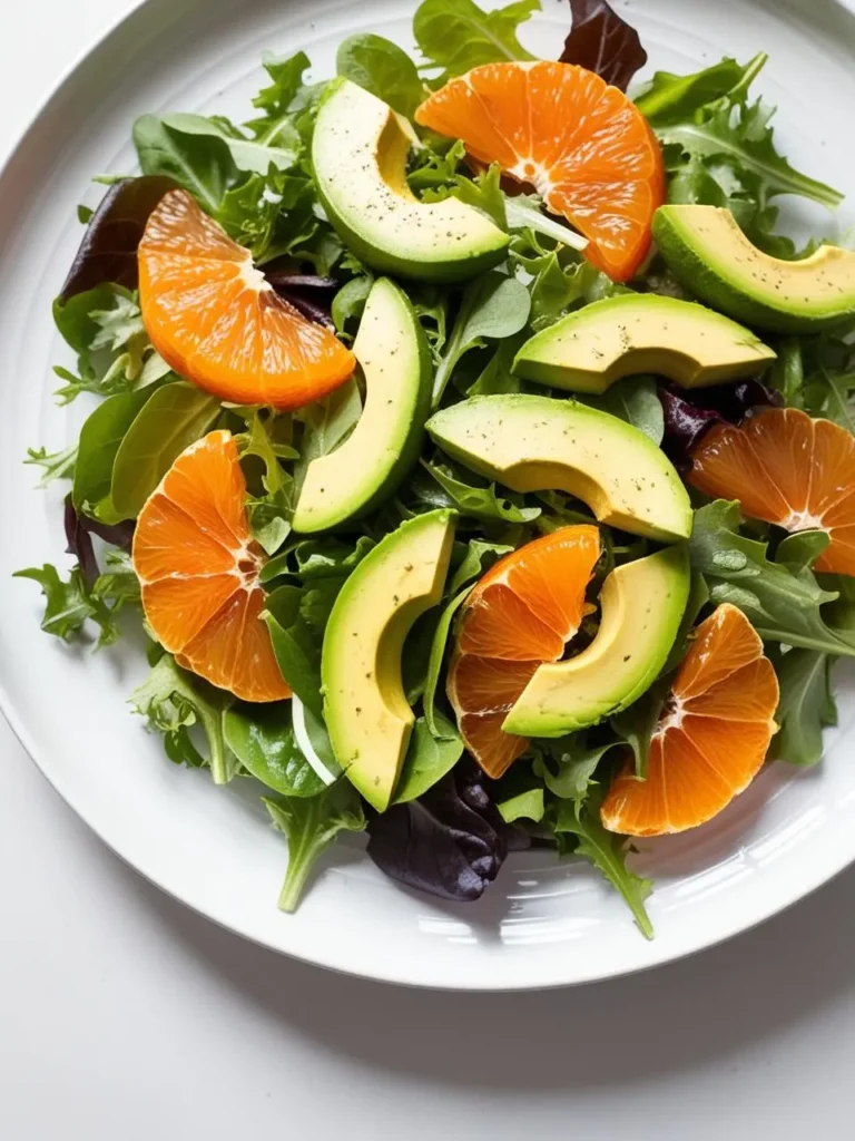 a salad with avocado and orange slices on a white plate. the salad includes mixed greens, sliced avocado, and orange segments. the avocado is green and creamy. the oranges are bright and juicy. the greens are a mix of light and dark leaves. the plate is round and white. the salad appears fresh and colorful