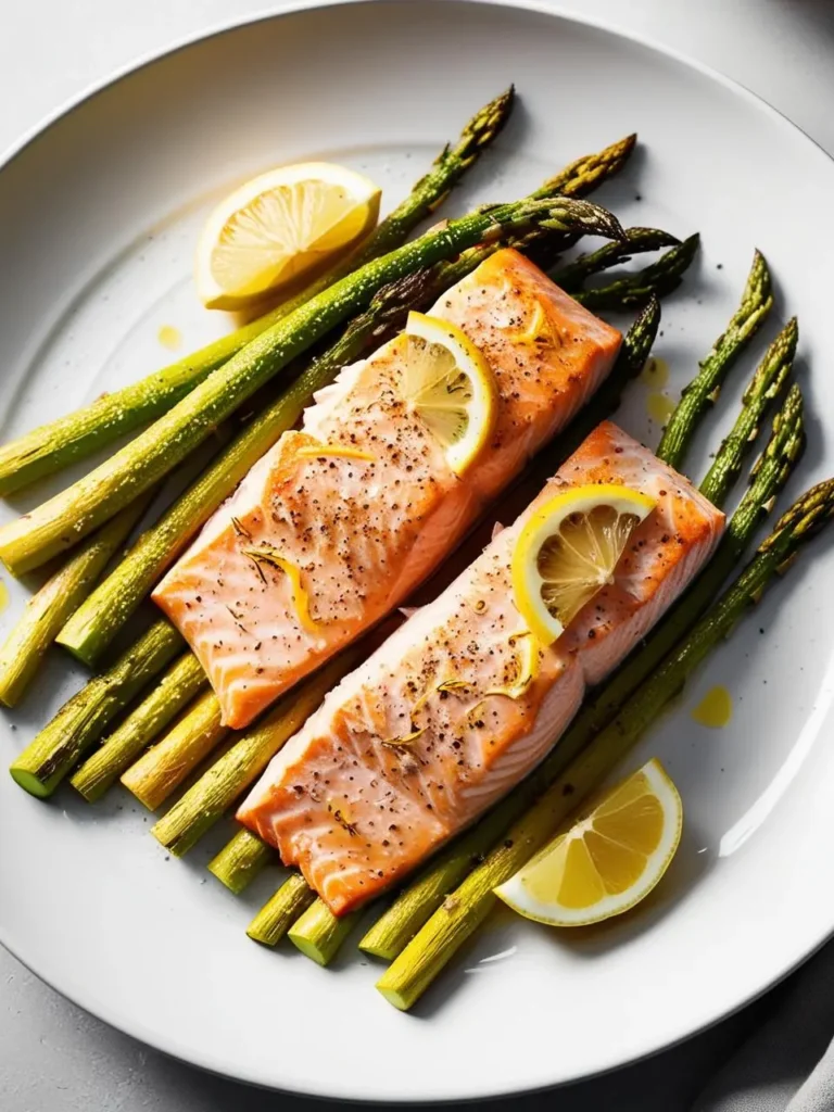 two fillets of baked salmon, seasoned with herbs and lemon slices, rest on a bed of grilled asparagus spears. a lemon wedge is placed on the side. the dish is presented on a white plate, shot from above, showcasing the textures and colors of the healthy and elegant meal