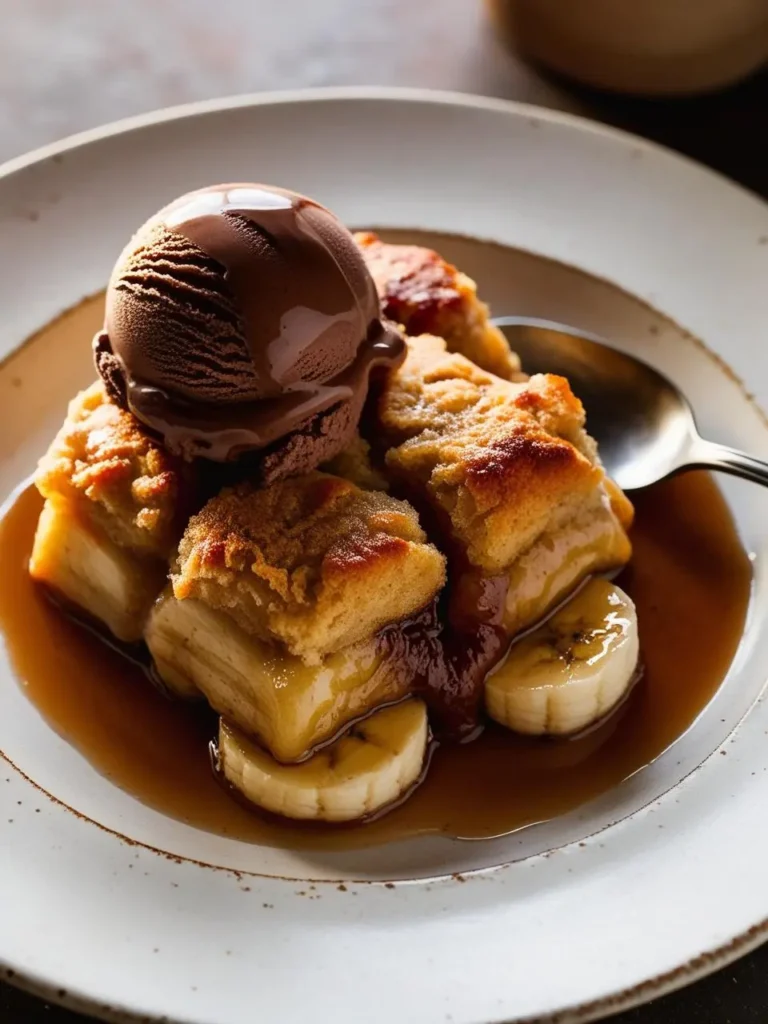 a plate of banana foster bread pudding with chocolate ice cream. the bread pudding is golden brown and cubed, with visible banana slices. a scoop of dark chocolate ice cream is on top. a caramel sauce is drizzled. a spoon is on the side. the plate is light-colored with a dark rim. the background is dark