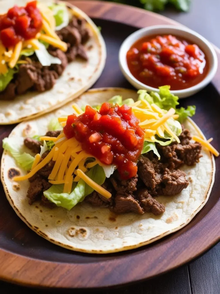 two flour tortillas on a wooden plate, each filled with seasoned meat, shredded cheese, lettuce, and red salsa. a small white bowl filled with salsa is placed next to the tacos. the plate is set against a dark background, with a hint of green herbs visible. the tacos are shot from above