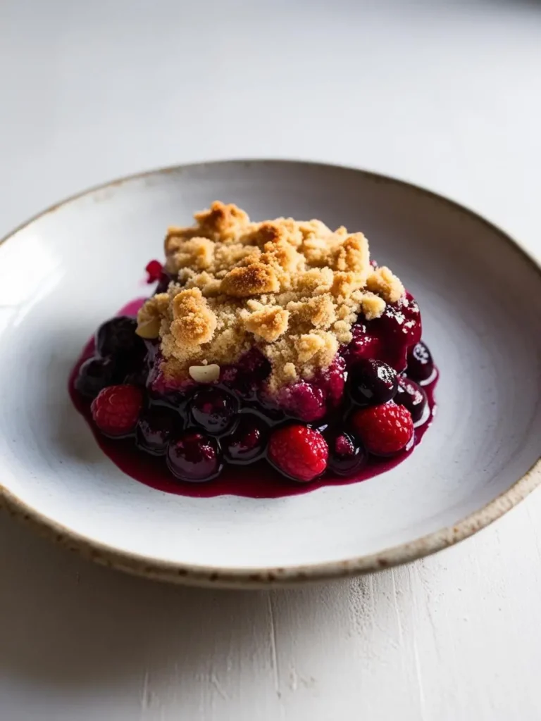 a berry crumble on a white plate. the crumble has a golden brown, crumbly topping and a mix of dark berries in a red sauce. the berries include blueberries, blackberries, and raspberries. the plate is white with a gray rim. the crumble appears warm and fruity. the background is a light surface