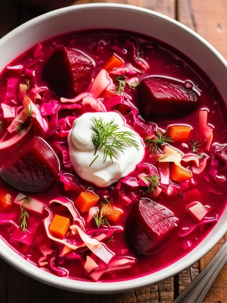 a white bowl filled with vibrant red borscht soup, featuring chunks of beets, shredded cabbage, diced carrots, and a dollop of sour cream topped with fresh dill. the soup is shot from above, showcasing the rich colors and textures of the ingredients. the bowl sits on a wooden surface