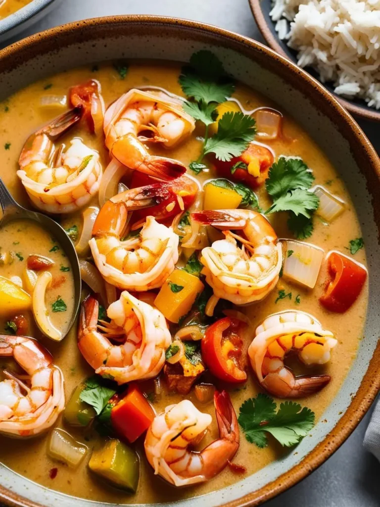 a bowl of shrimp curry with rice on a wooden table. the curry includes cooked shrimp, bell peppers, onions, and cilantro in a creamy orange broth. a bowl of rice is blurred in the background. a spoon is visible. the bowl is speckled and has a dark rim. the shrimp are pink and curled