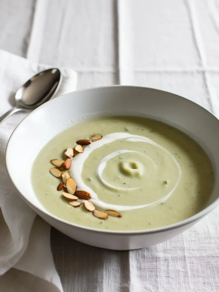 a bowl of creamy asparagus soup on a striped cloth. the soup is light green with a swirl of cream and sliced almonds on top. the bowl is white and has a wide rim. a spoon is visible. the cloth is light-colored with gray stripes. the soup appears smooth and garnished