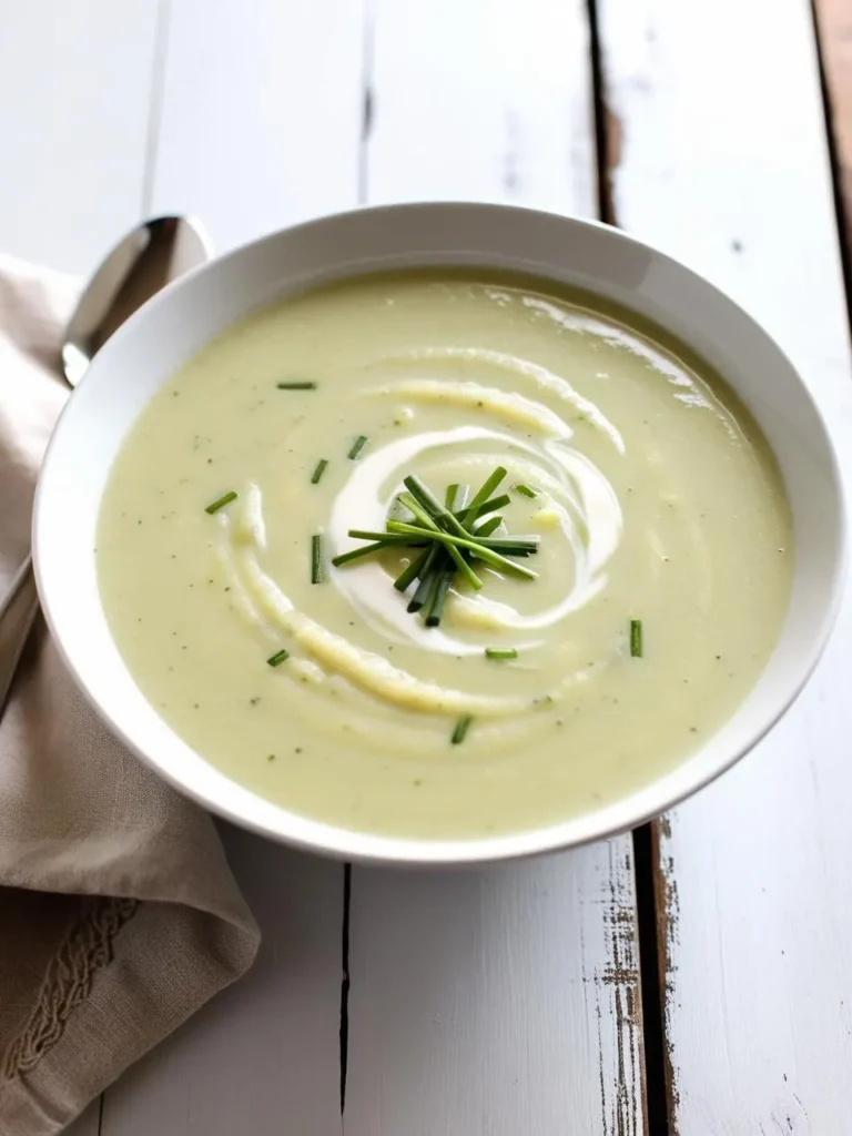 a bowl of creamy leek and potato soup on a white wooden table. the soup is light green with a swirl of cream and chives in the center. the bowl is white and has a wide rim. a light cloth napkin and spoon are visible. the table has a rustic, painted white finish. the soup appears smooth and warm