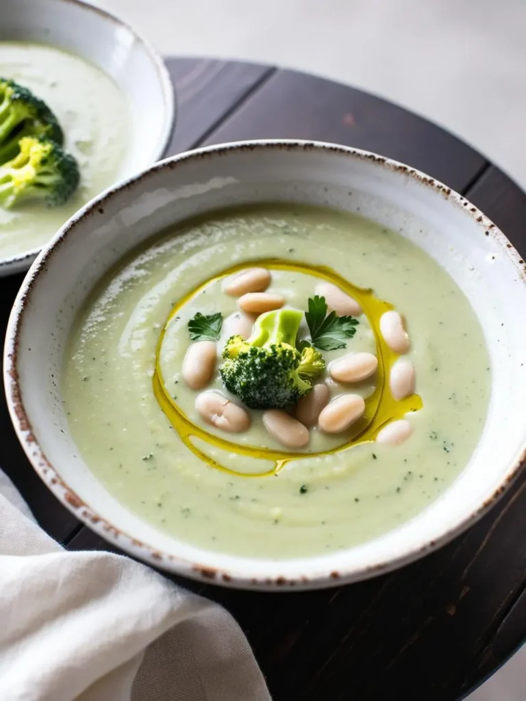 two bowls of broccoli soup on a dark surface. the soup is light green with white beans, a broccoli floret, and parsley in the center. olive oil is drizzled. the bowls are speckled and have dark rims. a light cloth is visible. the soup appears creamy and garnished