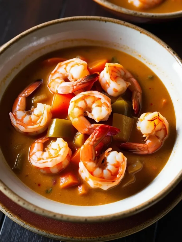 a bowl of shrimp soup with vegetables on a dark table. the soup includes cooked shrimp, diced carrots, and green peppers in a reddish-brown broth. another bowl is blurred in the background. the bowl is speckled and has a dark rim. the shrimp are pink and curled. the soup appears warm and savory