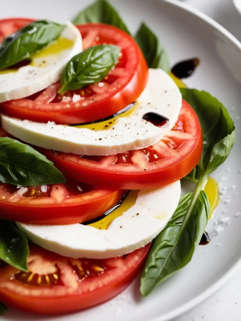 a caprese salad on a white plate. the salad includes sliced tomatoes, mozzarella cheese, and basil leaves. olive oil and balsamic glaze are drizzled over the salad. the tomatoes are red and ripe. the mozzarella is white and fresh. the basil leaves are green and fragrant. the plate is round and white