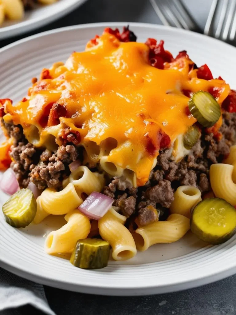 a white plate holds a serving of hamburger casserole with elbow macaroni, ground beef, and melted cheddar cheese. diced red onions and pickles are scattered around the dish. the plate sits on a dark surface, with a fork visible in the background. the casserole is shot from a close angle, showcasing its textures