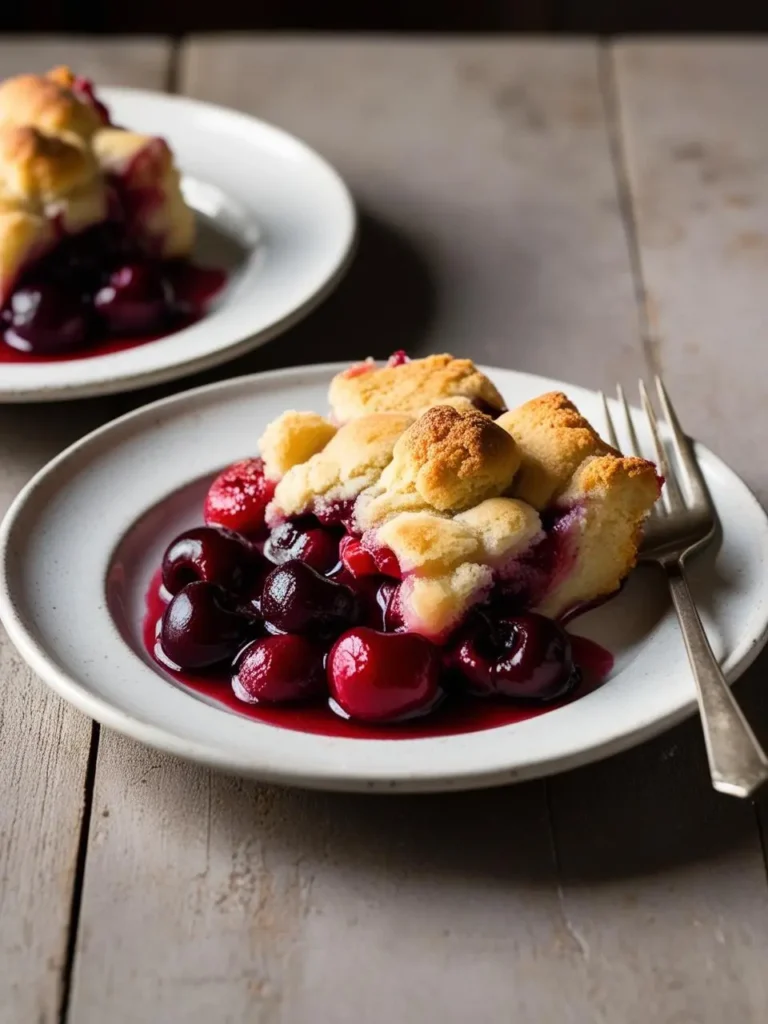 two plates of cherry cobbler on a wooden table. the cobbler has a biscuit-like topping and cooked cherries in a red sauce. a fork is on one plate. the plates are white with gray rims. the table has a light wood grain. the cobbler appears warm and fruity. the background is blurred