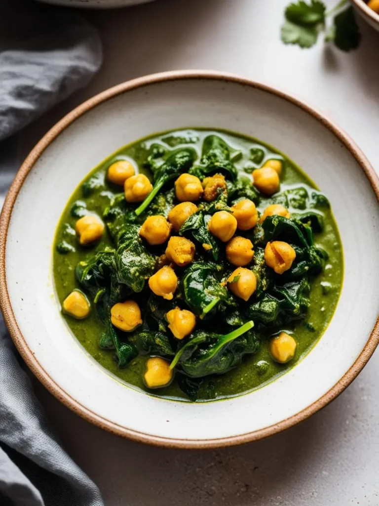 a shallow bowl filled with vibrant green spinach and golden chickpeas. the dish is presented in a creamy green sauce. the bowl sits on a light surface, with a grey cloth visible on the side. the dish is shot from above, showcasing the textures and colors of the healthy meal