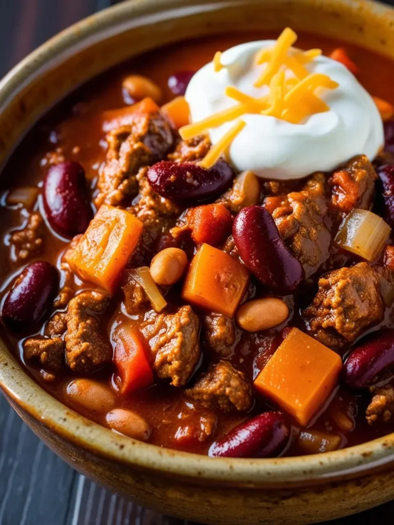 a bowl of chili with beef, beans, and vegetables on a dark surface. the chili includes chunks of beef, kidney beans, pinto beans, and diced vegetables in a red broth. a dollop of sour cream and shredded cheese are on top. the bowl is speckled and has a dark rim. the surface is dark wood