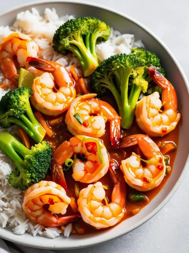 a bowl of shrimp and broccoli stir-fry with rice. the shrimp are pink and cooked, arranged among bright green broccoli florets. a reddish sauce is visible. white rice is on the side. the bowl is light-colored with a dark rim. the meal appears flavorful and colorful. a light surface is visible