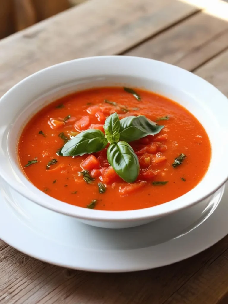 a white bowl filled with vibrant red tomato soup, topped with fresh basil leaves. the soup has a smooth texture with visible chunks of tomatoes. the bowl sits on a white plate, resting on a wooden table. the image is shot from a close angle, showcasing the simple and elegant presentation