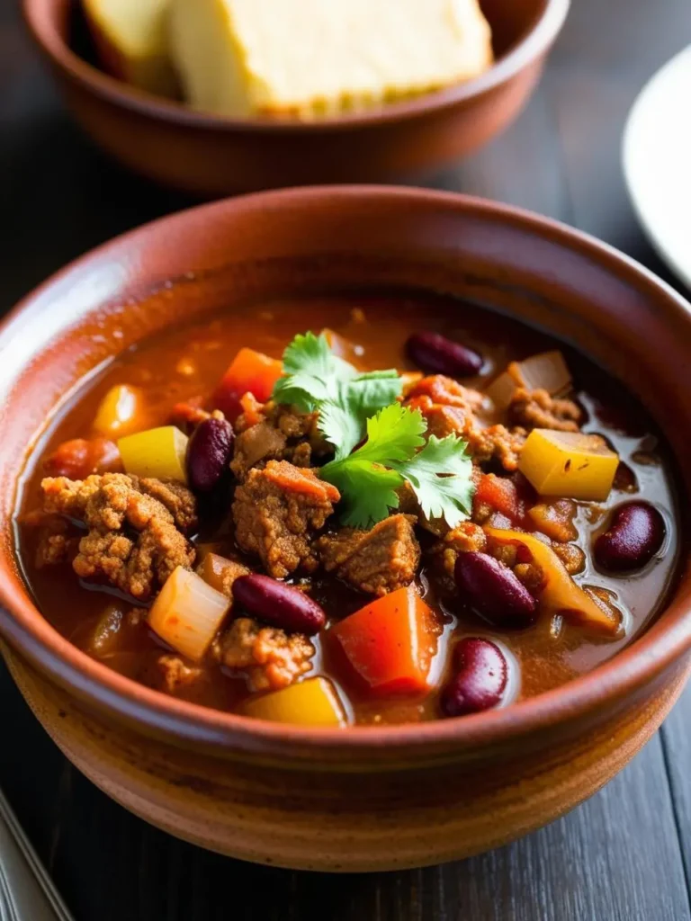 a bowl of beef chili with beans, peppers, and cilantro on a dark table. the chili includes ground beef, red kidney beans, and yellow bell peppers in a red broth. a sprig of cilantro is placed on top. a bowl of cornbread is blurred in the background. the bowl is brown and has a light rim