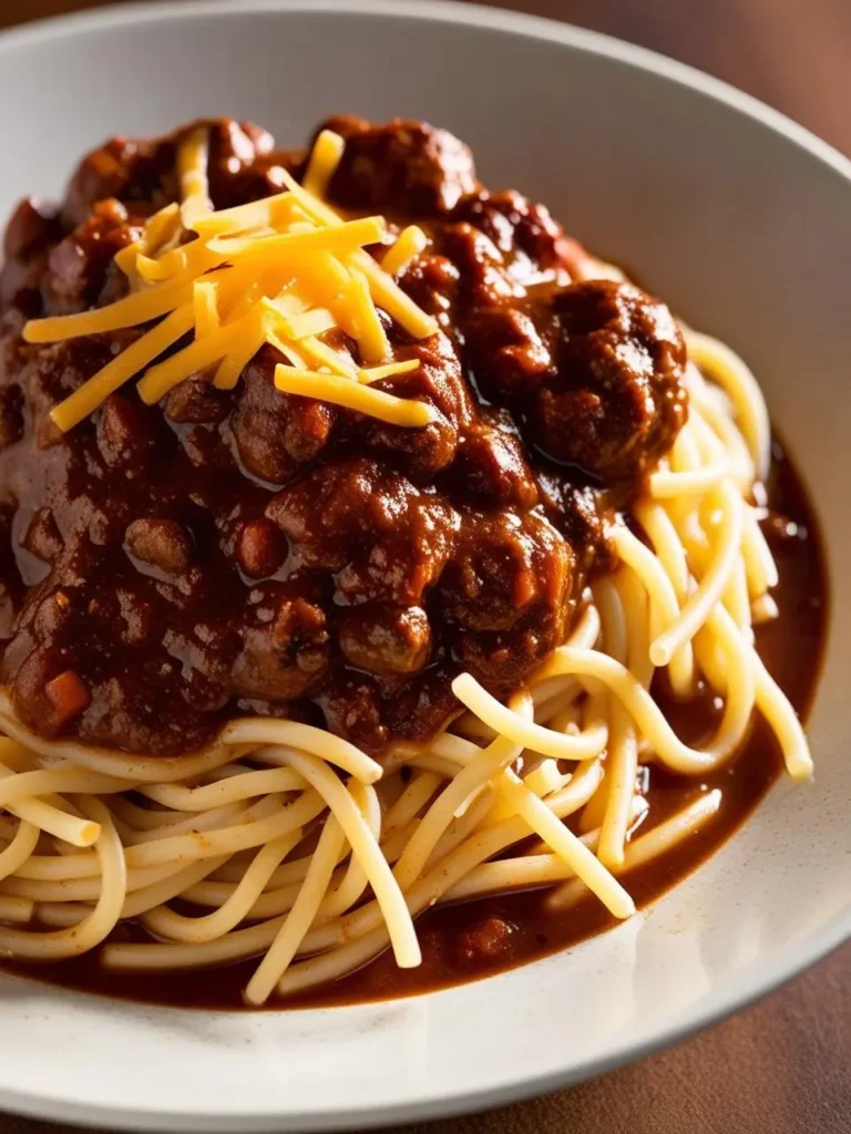 a bowl of cincinnati chili on spaghetti. the chili is a dark red sauce with visible ground meat. shredded cheddar cheese is sprinkled on top. the spaghetti is light yellow and forms a nest shape. the bowl is light-colored and has a dark rim. the background is a brown surface. the dish appears hearty and comforting