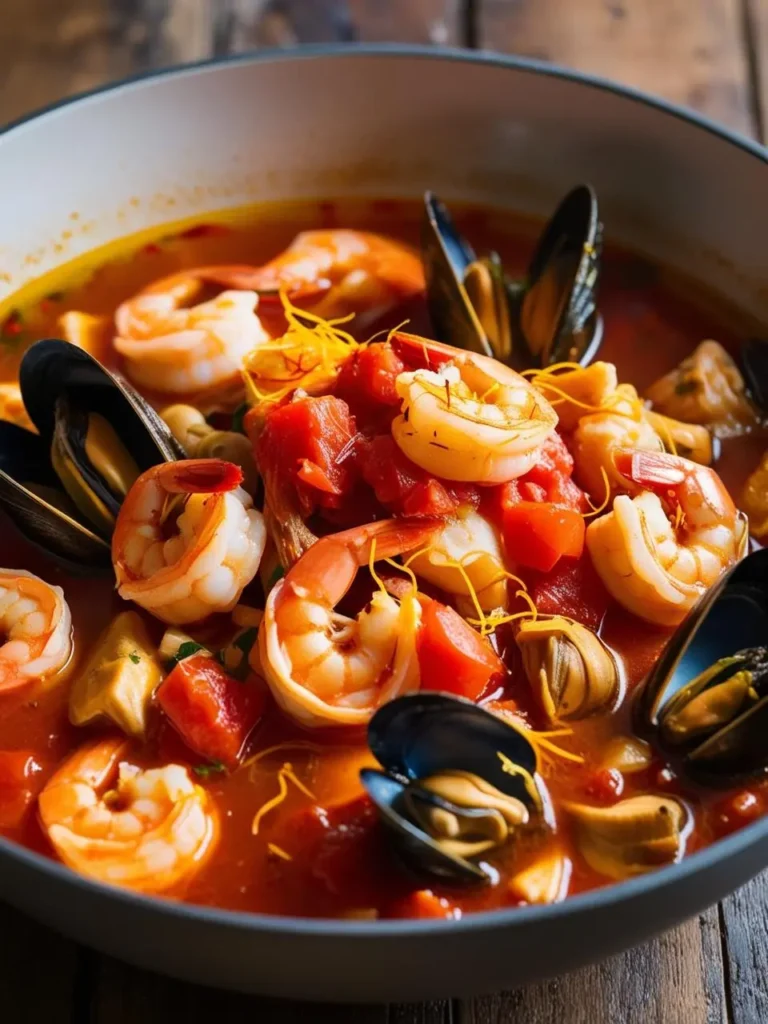 a bowl of cioppino, a seafood stew with shrimp, mussels, and tomatoes in a rich broth. the stew is shot from a close angle, showcasing the colorful ingredients. the bowl sits on a wooden table. the shrimp are arranged around the bowl, and the mussels are nestled among the tomatoes