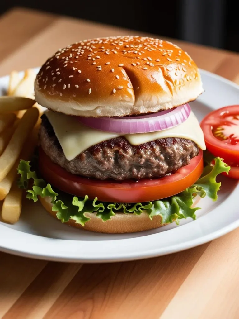 a classic hamburger on a white plate, featuring a sesame seed bun, a thick patty, cheese, red onion, tomato slices, and lettuce. french fries are visible on the side. the plate sits on a wooden surface with a striped pattern. the burger is shot from a low angle, emphasizing its height