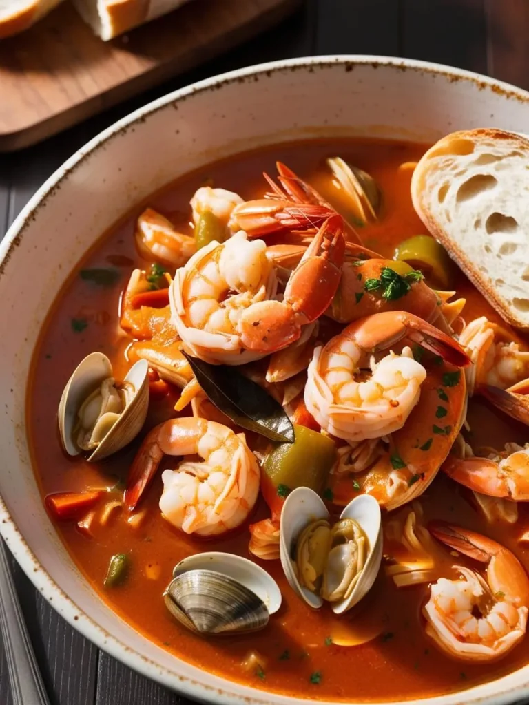 a bowl of cioppino, a seafood stew with shrimp, clams, and vegetables in a rich tomato broth. the stew is shot from a close angle, showcasing the colorful ingredients. a slice of bread rests beside the bowl. the bowl has a speckled pattern. a wooden board with bread is visible in the background