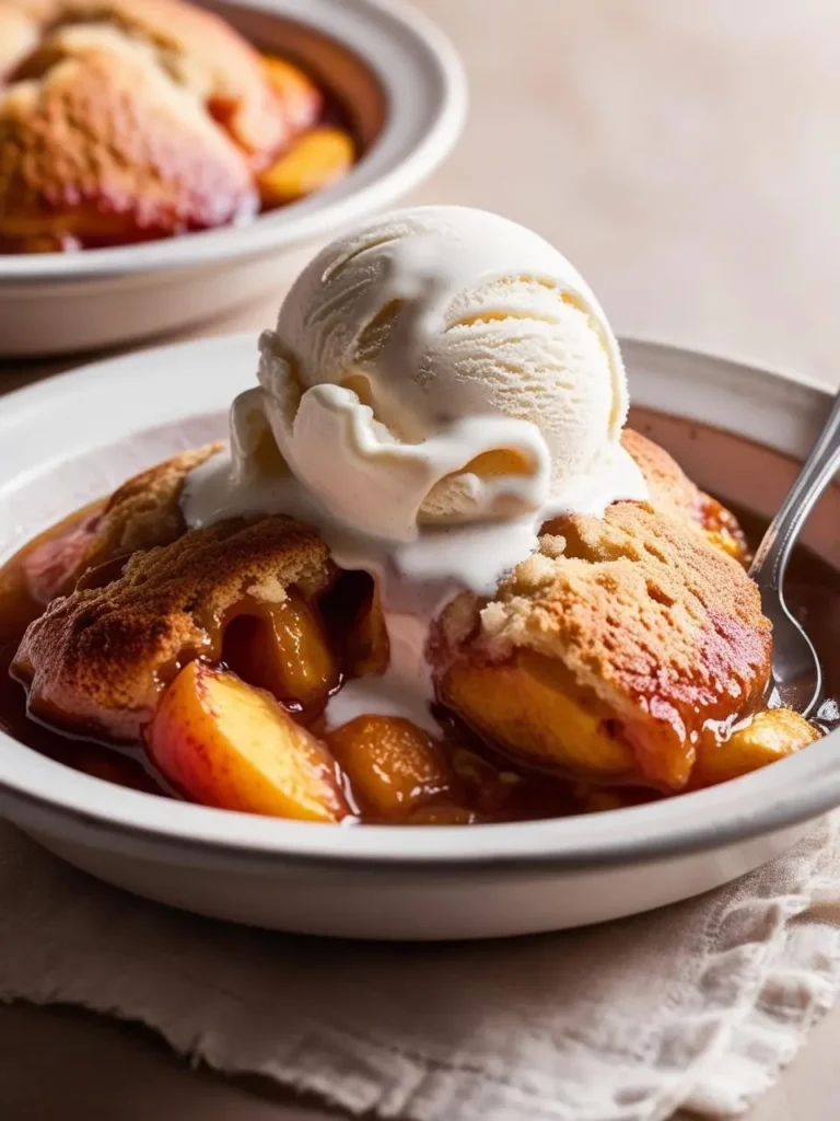 two bowls of peach cobbler with ice cream on a light surface. the cobbler has a golden brown, biscuit-like topping and visible slices of cooked peaches in a syrupy sauce. a scoop of ice cream is on top. a spoon is in one bowl. a light cloth napkin is visible. the bowls are light-colored