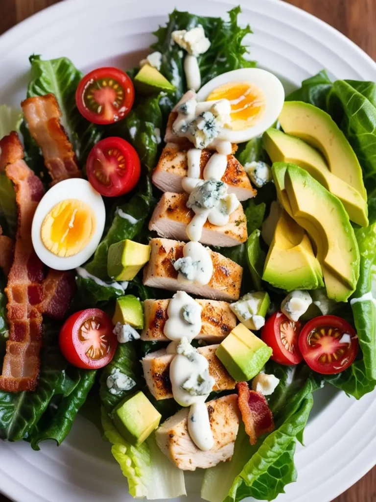 a chicken cobb salad on a white plate. the salad includes grilled chicken, avocado slices, hard-boiled eggs, bacon strips, tomatoes, and lettuce. a creamy dressing is drizzled over the salad. the ingredients are arranged in a colorful pattern. the plate is round and white. the background is light