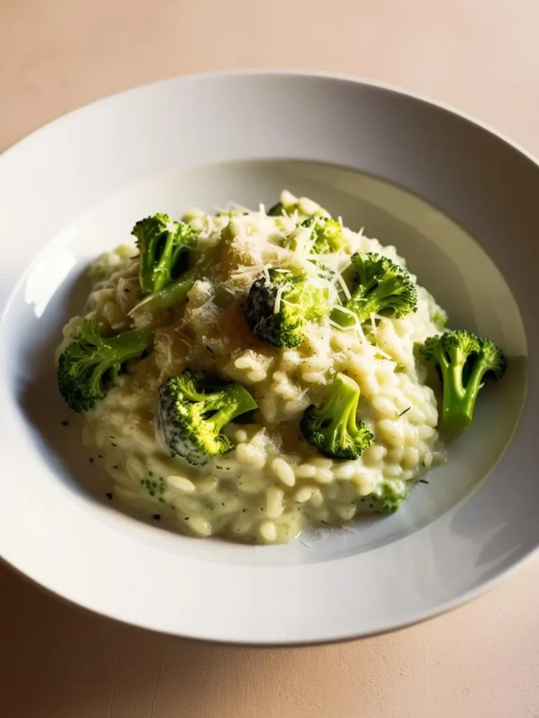 broccoli risotto in a white bowl, sprinkled with parmesan cheese. the risotto is creamy and light. the broccoli florets are green and scattered throughout. the bowl is round and has a wide rim. the background is blurred and light. the risotto appears to be cooked al dente. the parmesan cheese is white and shredded