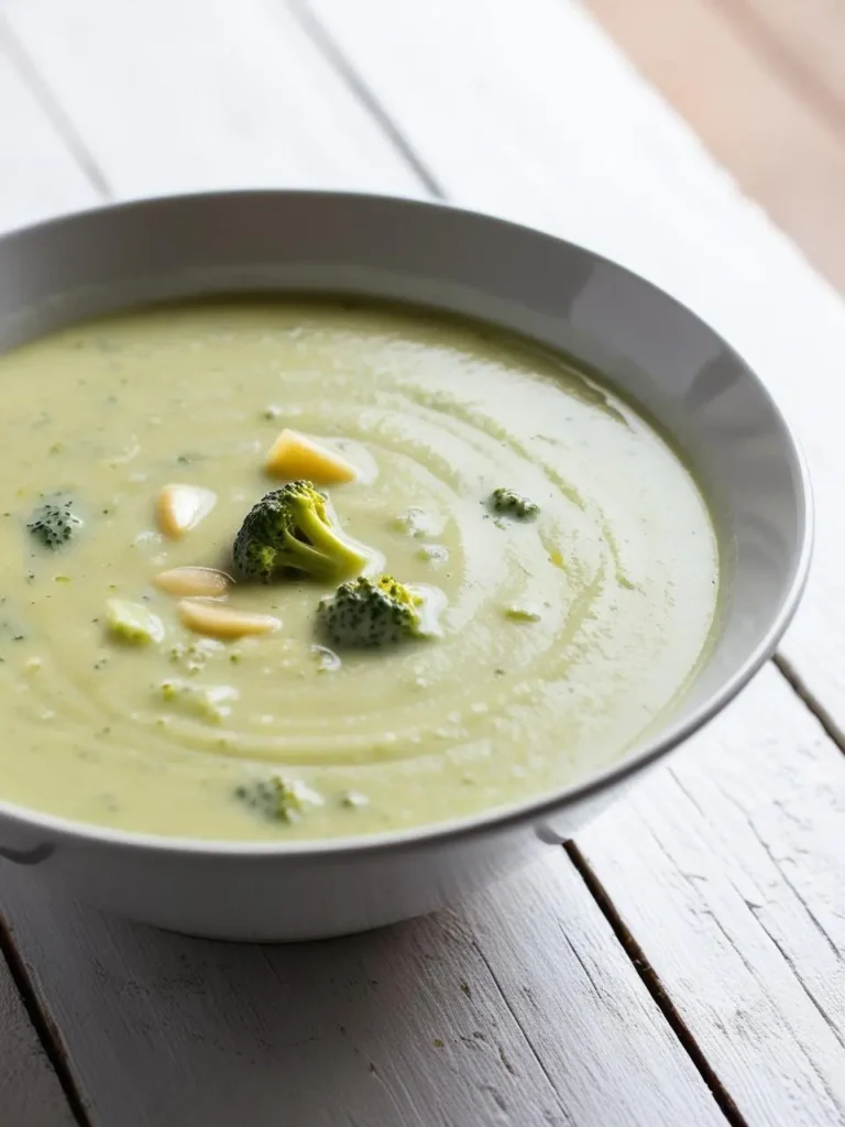 a bowl of creamy broccoli soup on a white wooden table. the soup is light green with visible broccoli florets and slices of potato. the bowl is light-colored and has a dark rim. the table has a rustic, painted white finish with visible wood grain. the soup appears smooth and warm