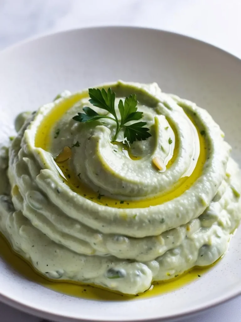 a bowl of creamy, light green lima bean hummus, swirled and drizzled with olive oil. a sprig of parsley garnishes the top. the hummus is presented in a white bowl with a speckled pattern. the image is shot from a close angle, showcasing the texture and simple presentation of the dish