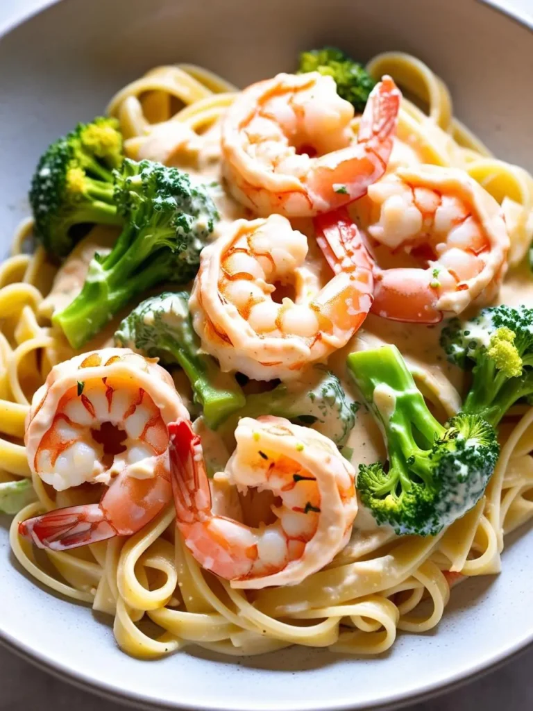 a bowl of shrimp and broccoli alfredo pasta. the pasta is fettuccine with a creamy white sauce. cooked shrimp and broccoli florets are arranged on top. the shrimp are pink and curled. the broccoli is bright green. the bowl is light-colored with a dark rim. the dish appears rich and flavorful